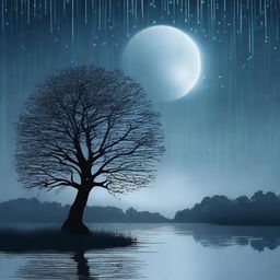 A serene night scene with rain gently falling and the moon shining brightly in the sky