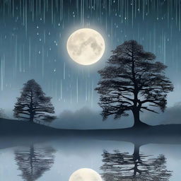 A serene night scene with rain gently falling and the moon shining brightly in the sky