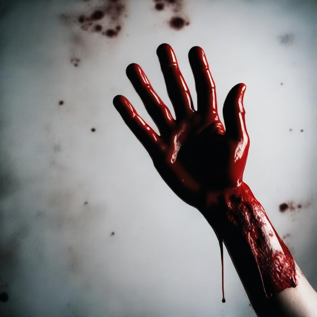 A close-up of a hand covered in blood, holding a knife