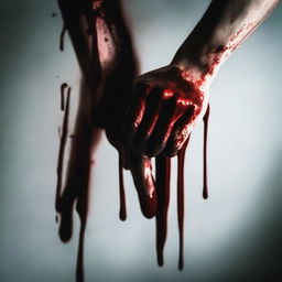 A close-up of a hand covered in blood, holding a knife