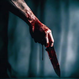 A close-up of a hand covered in blood, holding a knife