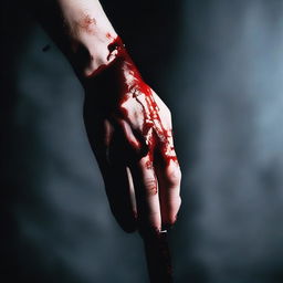 A close-up of a hand covered in blood, holding a knife