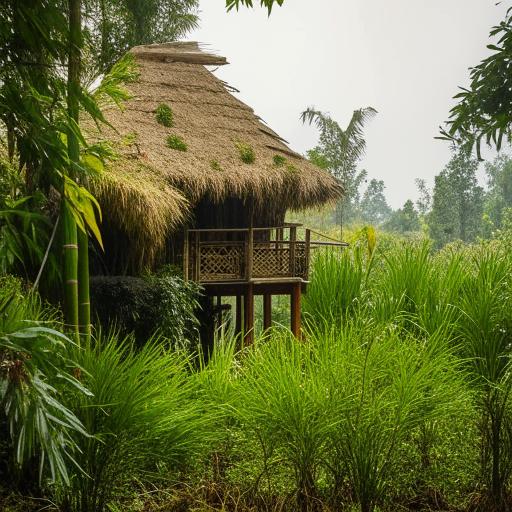 A traditional Assam-type house situated in the lush green landscape, complete with a slanted roof, bamboo walls, and surrounded by tropical plants.