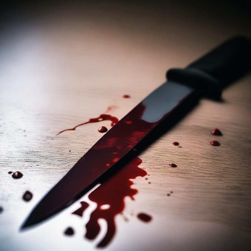 A knife with blood on it, embedded into a surface