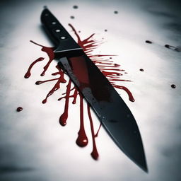 A knife with blood on it, embedded into a surface