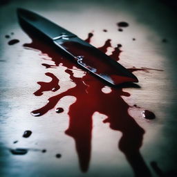 A knife with blood on it, embedded into a surface