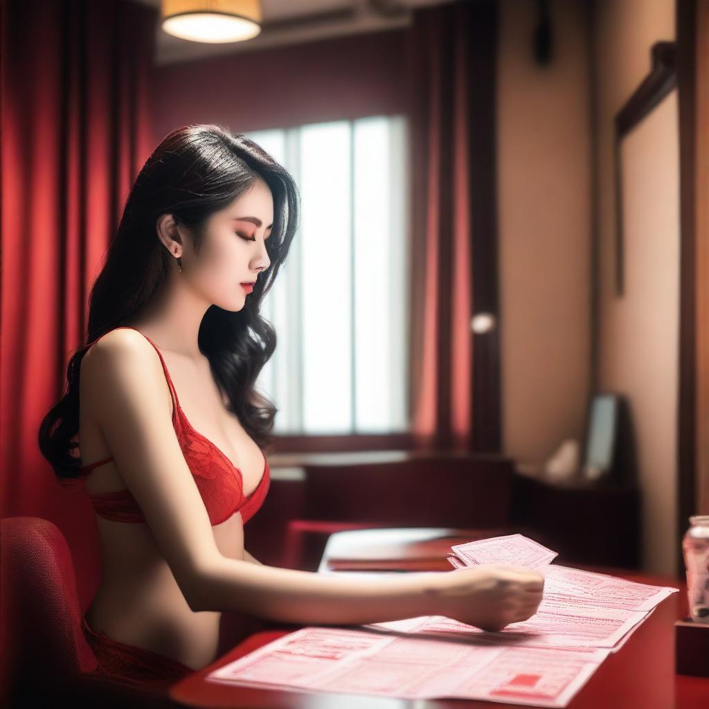 A woman in red lingerie playing Toto Macau lottery