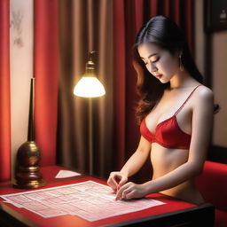 A woman in red lingerie playing Toto Macau lottery