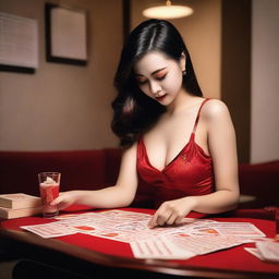 A woman in red lingerie playing Toto Macau lottery