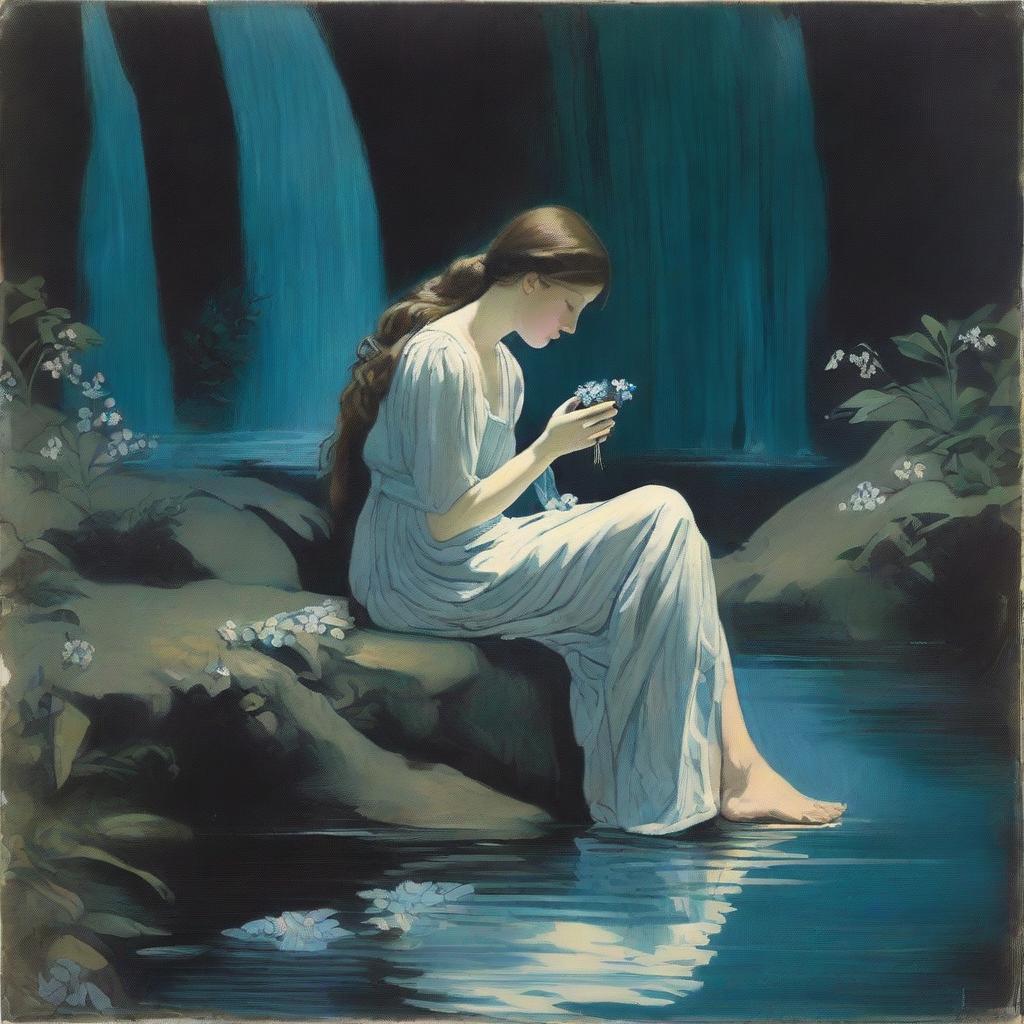 Illustrate a young woman sitting near a waterfall at night