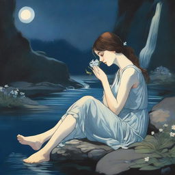 Illustrate a young woman sitting near a waterfall at night