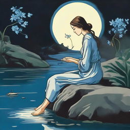 Illustrate a young woman sitting near a waterfall at night