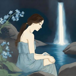 Illustrate a young woman sitting near a waterfall at night