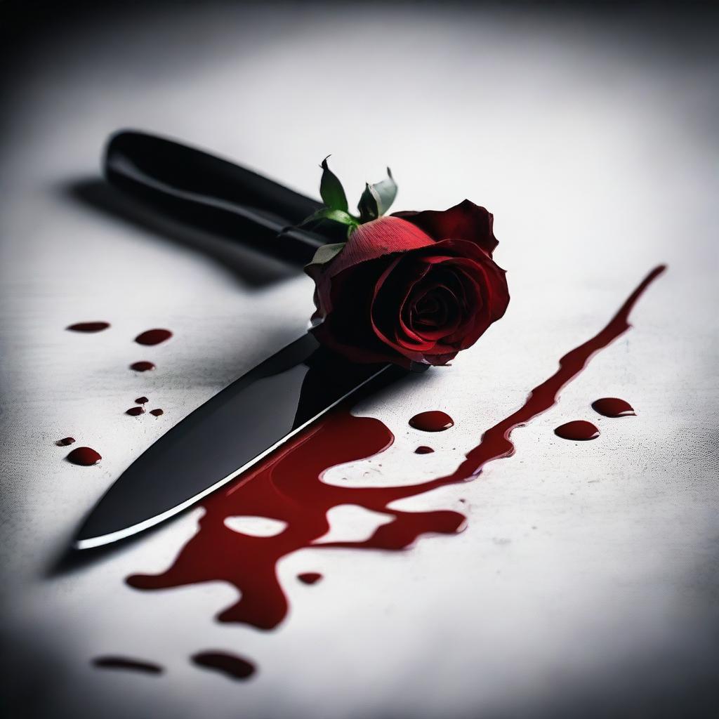 A dramatic and intense image of a knife with blood on it, embedded in a black rose