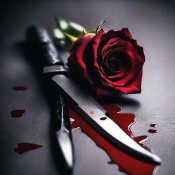 A dramatic and intense image of a knife with blood on it, embedded in a black rose