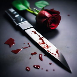 A dramatic and intense image of a knife with blood on it, embedded in a black rose