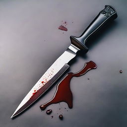 A dramatic and intense image of a knife with blood on it, embedded in a black rose