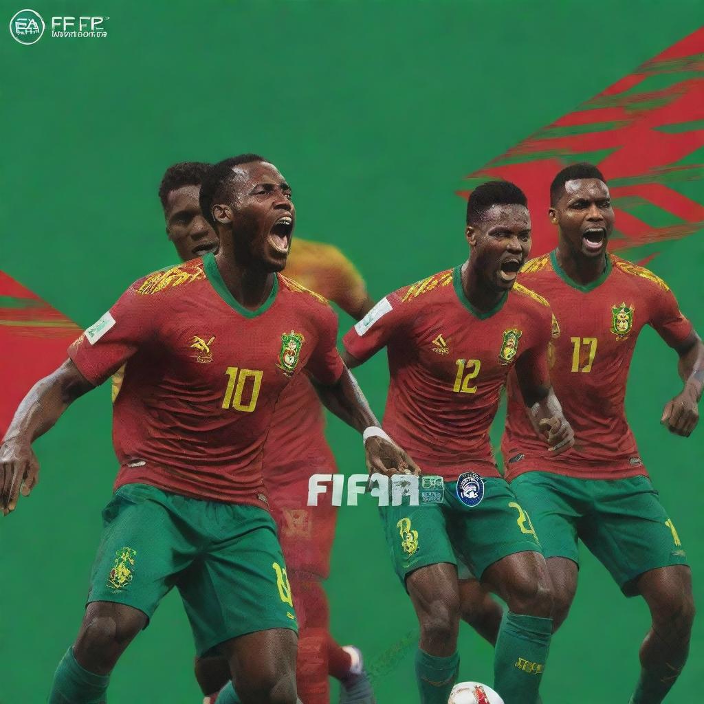 EA FIFA 2024 game cover for PS4 featuring the Cameroon football team with their vibrant green and red uniforms. Modal elements include the PS4 logo, FIFA 2024 text, and professional-looking players in action poses.