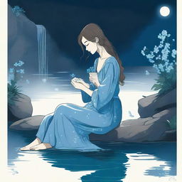 Illustrate a young woman sitting near a waterfall at night