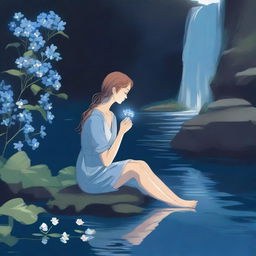 Illustrate a young woman sitting near a waterfall at night