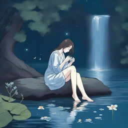 Illustrate a young woman sitting near a waterfall at night