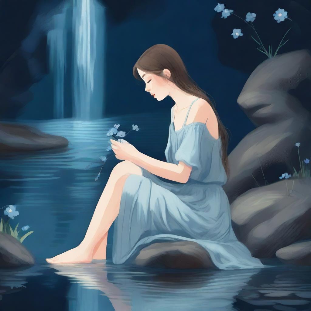 Illustrate a young woman sitting near a waterfall at night