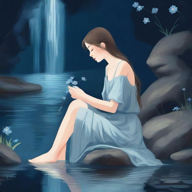 Illustrate a young woman sitting near a waterfall at night