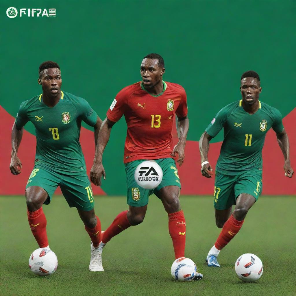 EA FIFA 2024 game cover for PS4 featuring the Cameroon football team with their vibrant green and red uniforms. Modal elements include the PS4 logo, FIFA 2024 text, and professional-looking players in action poses.