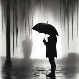 A black silhouette standing under the rain, embodying themes of suffering, pain, and love