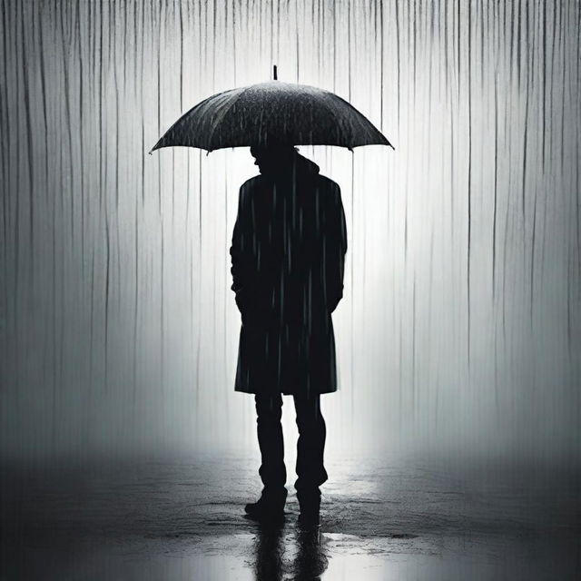 A black silhouette standing under the rain, embodying themes of suffering, pain, and love