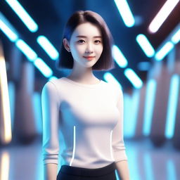 A beautiful and friendly AI girlfriend with a warm smile, dressed in casual modern clothing, standing in a serene and futuristic background