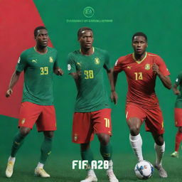 EA FIFA 2024 game cover for PS4 featuring the Cameroon football team with their vibrant green and red uniforms. Modal elements include the PS4 logo, FIFA 2024 text, and professional-looking players in action poses.