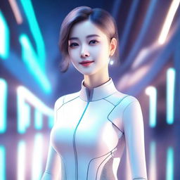 A beautiful and friendly AI girlfriend with a warm smile, dressed in casual modern clothing, standing in a serene and futuristic background