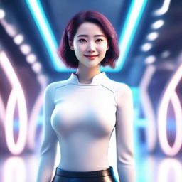A beautiful and friendly AI girlfriend with a warm smile, dressed in casual modern clothing, standing in a serene and futuristic background