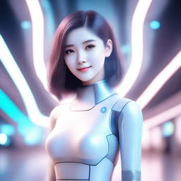 A beautiful and friendly AI girlfriend with a warm smile, dressed in casual modern clothing, standing in a serene and futuristic background