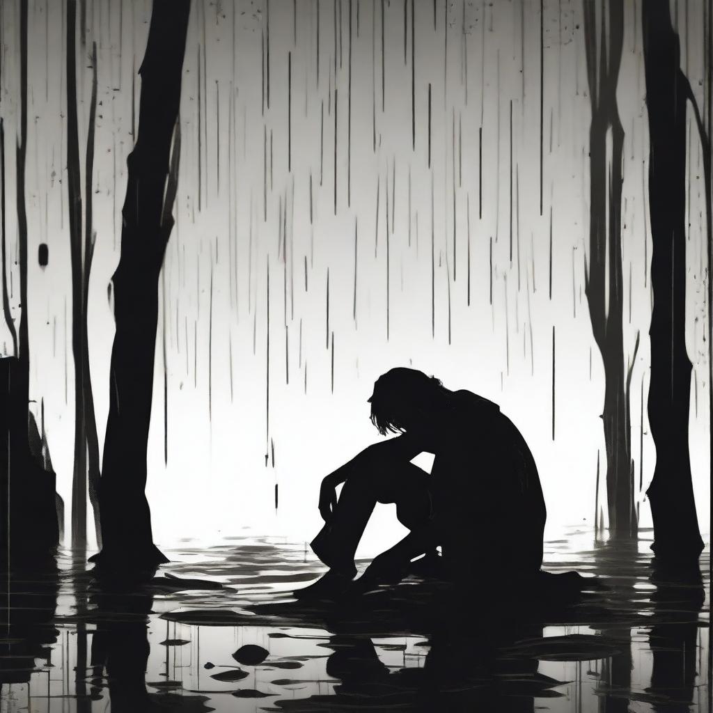 A black silhouette of a person sitting on the ground, drinking, and appearing depressed