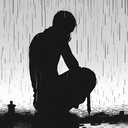 A black silhouette of a person sitting on the ground, drinking, and appearing depressed