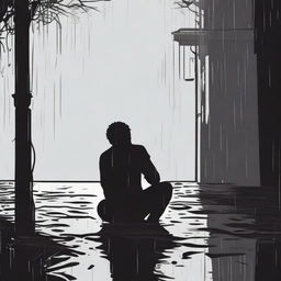 A black silhouette of a person sitting on the ground, drinking, and appearing depressed