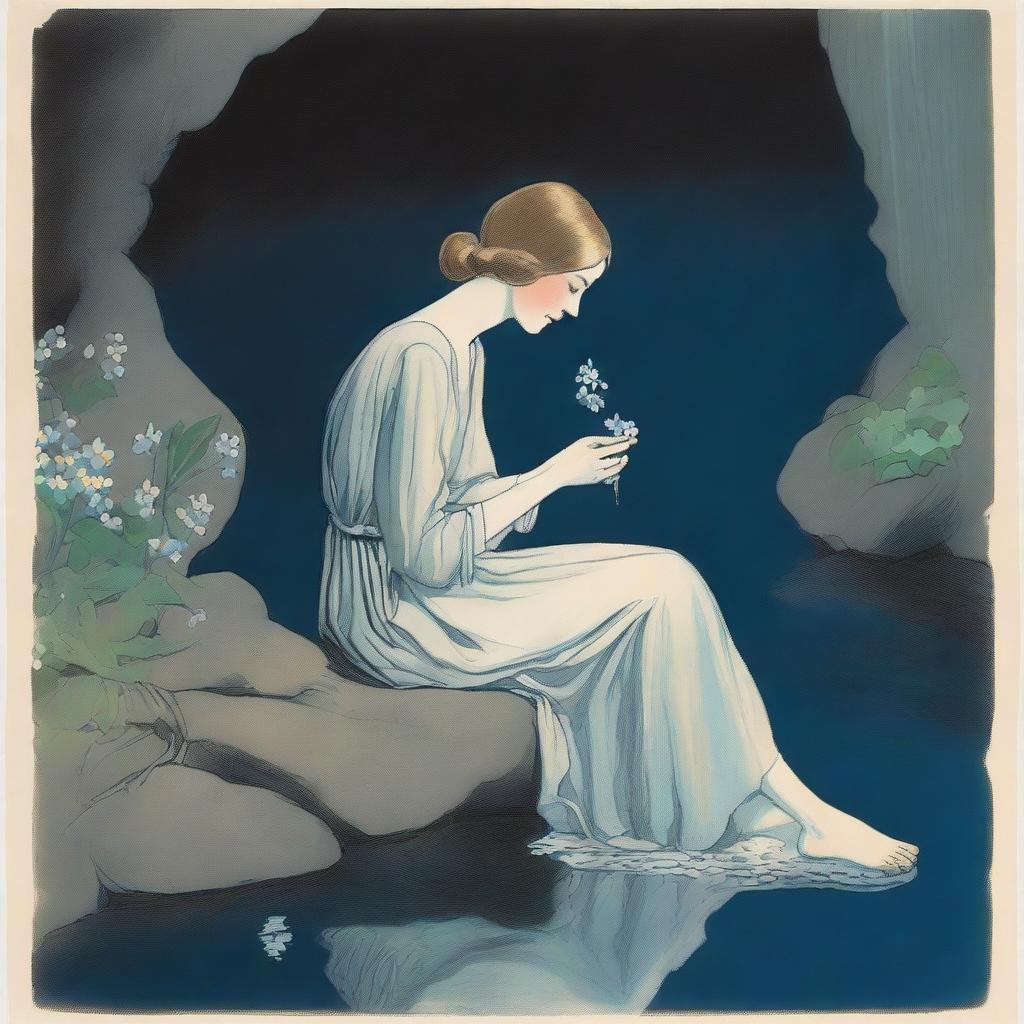 Illustrate a young woman sitting near a waterfall at night