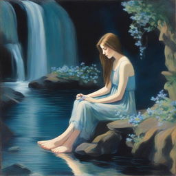 Illustrate a young woman sitting near a waterfall at night