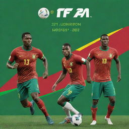 EA FIFA 2024 game cover for PS4 featuring the Cameroon football team with their vibrant green and red uniforms. Modal elements include the PS4 logo, FIFA 2024 text, and professional-looking players in action poses.