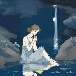 Illustrate a young woman sitting near a waterfall at night