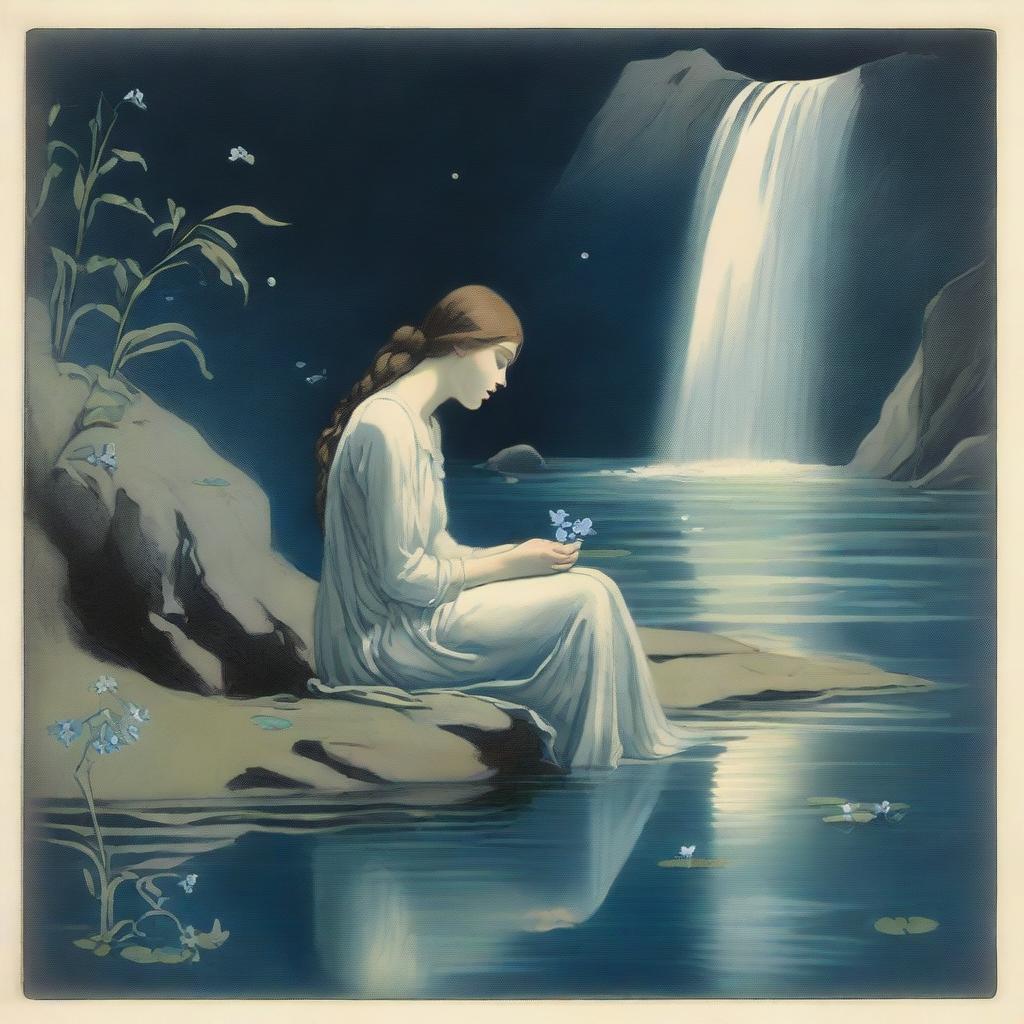 Illustrate a young woman sitting near a waterfall at night