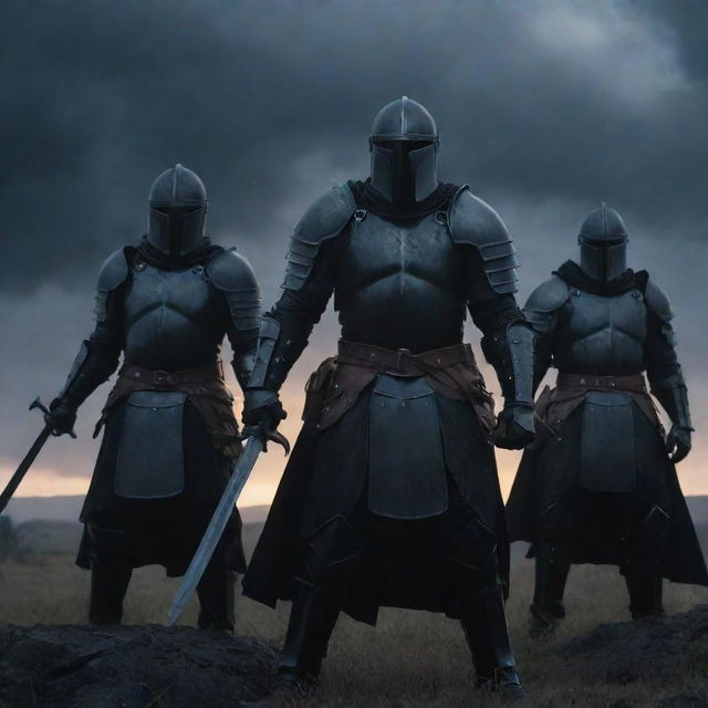 Dark, fierce warriors clothed in ebony armor, wielding menacing weapons, under a stormy twilight sky