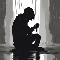 A black silhouette of a person sitting on the ground, drinking, and appearing depressed and crying under the rain