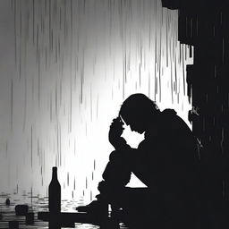 A black silhouette of a person sitting on the ground, drinking, and appearing depressed and crying under the rain