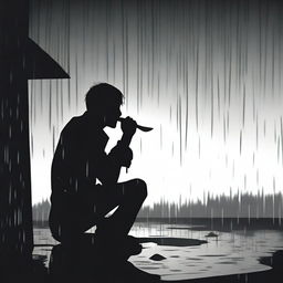 A black silhouette of a person sitting on the ground, drinking, and appearing depressed and crying under the rain