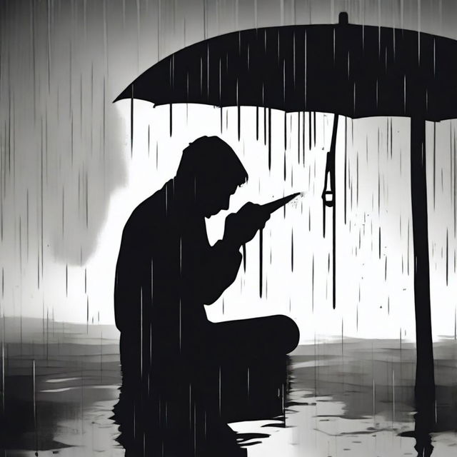 A black silhouette of a person sitting on the ground, drinking, and appearing depressed and crying under the rain