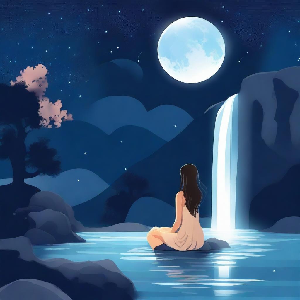 Create an illustration with the following elements: Background: Place a majestic waterfall in the background with water shimmering under the full moonlight