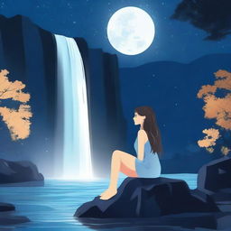 Create an illustration with the following elements: Background: Place a majestic waterfall in the background with water shimmering under the full moonlight